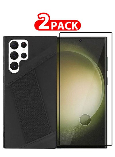 Buy Samsung Galaxy S23 Ultra Case Cover and Screen Protector Preppie Collection Elastic Hand Grip Back Case Black in UAE