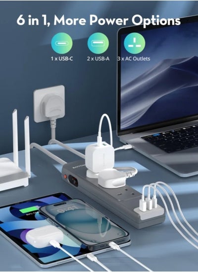 Buy 3 Port Power Strip with 2 USB A Ports and 1 USB C Port 3m Grey in Saudi Arabia