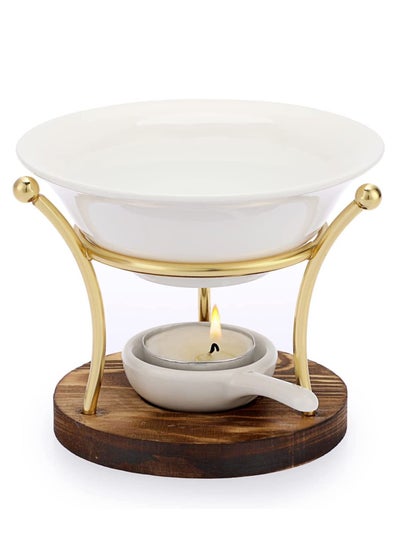 Buy Metal Wooden Wax Melt Burner Essential Oil with Ceramic Bowl, Decorative Aroma Diffuser Tealight Candle Holder in Saudi Arabia