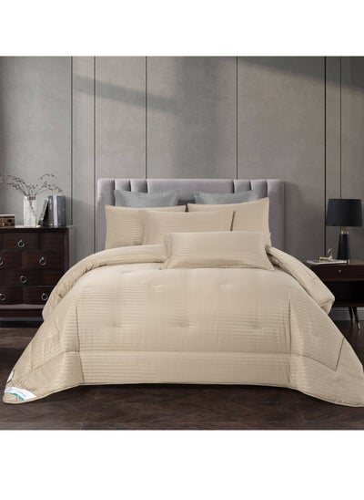 اشتري Comforter Set 4-Pcs Single Size Hotel Style Thin Striped Bed Set Fits 140 x 200 Cms (350 GSM) With Down Alternative Filling,Beige في الامارات