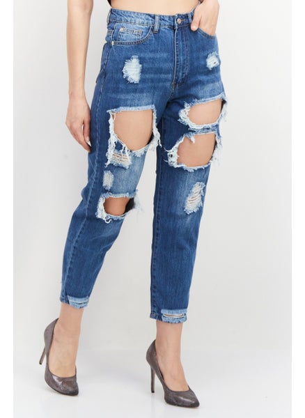 Buy Women Petite Ripped Non Stretchable Jeans, Blue in UAE