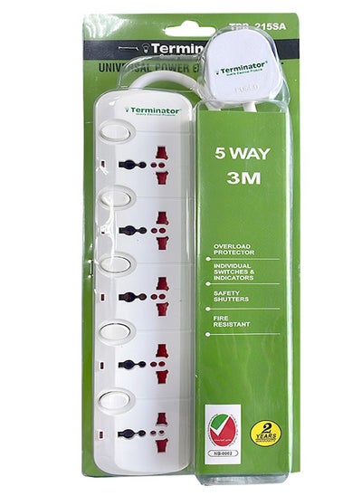 Buy Terminator TPB 215SA 5 Way Universal Power Extension Socket with Cable, 3 m Cable Length, White in UAE