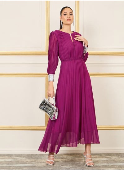 Buy Pleated Sequin Cuffed Sleeves A-Line Maxi Dress in Saudi Arabia