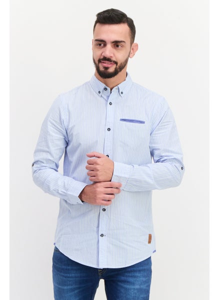 Buy Men Regular Fit Stripe Long Sleeves Casual Shirt, White/Blue in Saudi Arabia