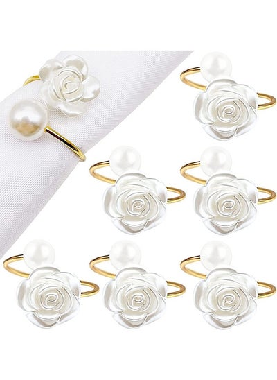 اشتري Napkin Ring, White Rose Pearl Napkin Ring Holder, Vintage Paper Napkin Ring for Wedding Banquet Home Table Decoration (6 Pcs) في السعودية