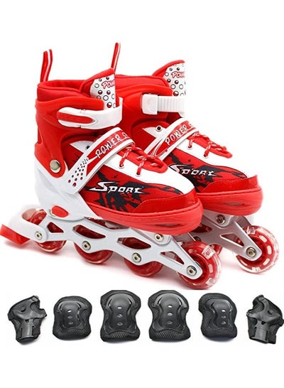 Buy Inline Skates Adjustable Size Roller Skates with Flashing Wheels Children Skate Shoes Including Protective Gear (Knee Elbow Wrist) red colour in UAE