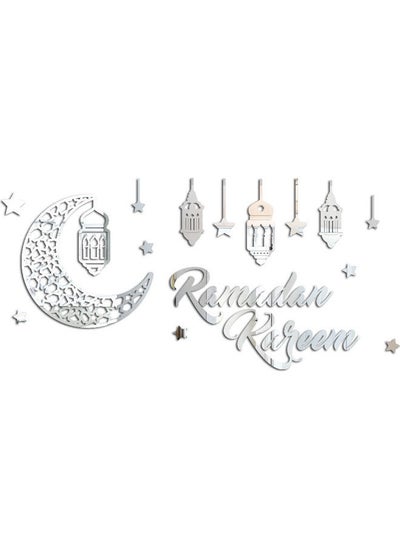 Buy 3D Stereo Ramadan Kareem Crescent Acrylic Mirror Sticker Silver 42x87cm in Saudi Arabia