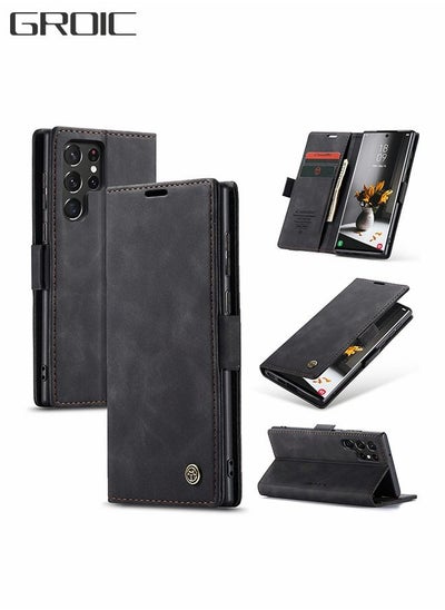 Buy For Samsung Galaxy S22 Ultra Case, Luxury Leather Wallet Cover, Leather Wallet Case Classic Design with Card Slot and Magnetic Flip Flip Folding Case in UAE