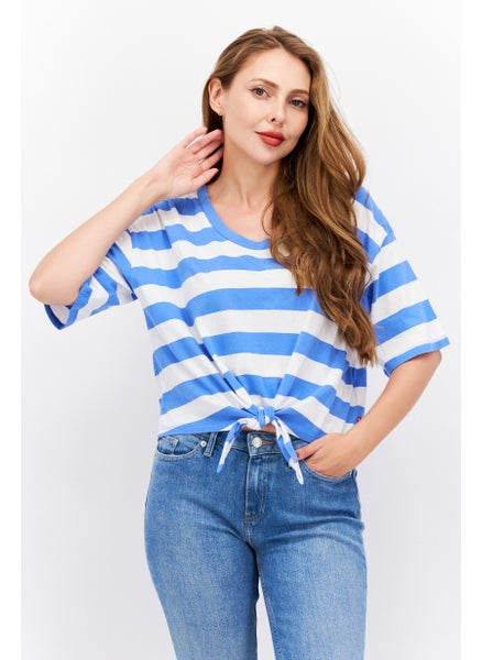 Buy Women Round Neck Short Sleeves Stripe Shirt, Blue/White in UAE