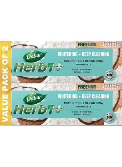 Buy Dabur Herbal Plus Coconut Oil & Baking Soda Toothpaste (2 x 150g + Bamboo Toothbrush) | Whitening and Deep Cleaning | Free from Fluoride, SLS, Triclosan & Parabens | Value Pack in UAE