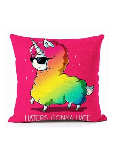 Buy Unicorn Printed Pillow Cover linen Pink/Yellow 45x45cm in UAE