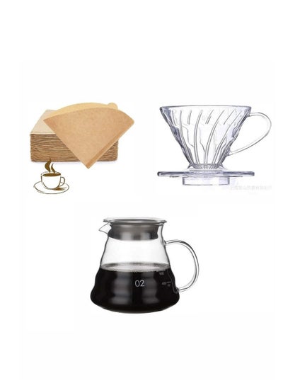 اشتري V60 Coffee Set Pour Over Coffee Drip Coffee Brew Set Contains 3-Pieces 600ml Server Dripper 100 Pics Brown Filter V60 Drip Set 3 Pcs) في السعودية