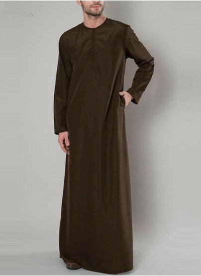 اشتري Men's Muslim Robe Thobe Solid Color Round Neck Long Sleeve Kaftan With Pockets Brown في السعودية