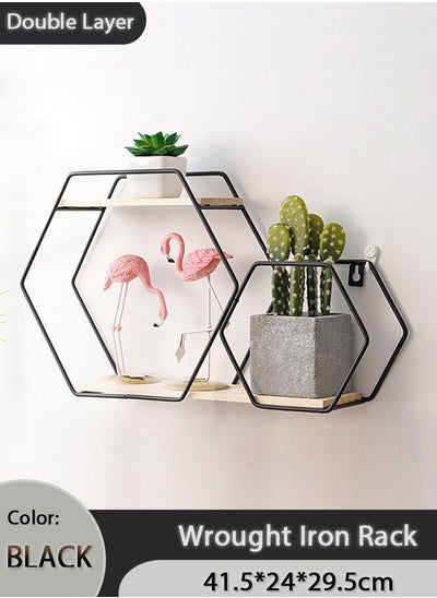 Buy Hexagonal Wire Storage Rack, Wooden Wall Rack, Iron Wall Mounted Storage Rack, Plant Rack Decorative Rack, Wall Decorative Storage, Storage Rack With Partitions (Black) in Saudi Arabia