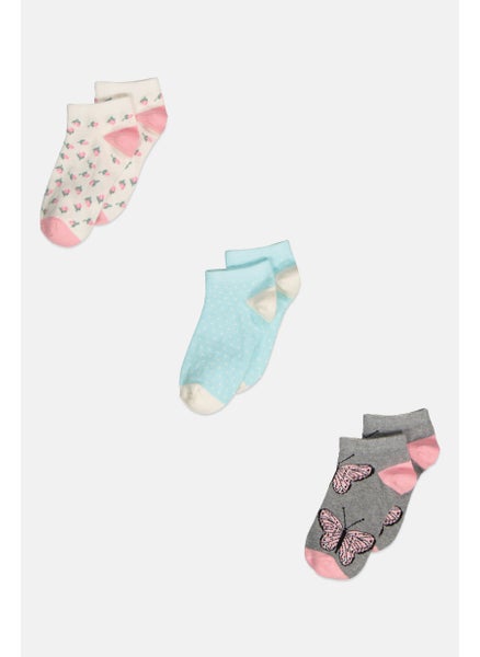 Buy Kids Girl 3 Pair Floral Print Socks, Grey/Pink Combo in UAE