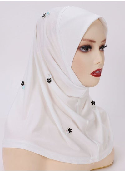 اشتري Crystal Diamond  Decoration Satin Women Muslim  Headwear Wearable Traditional Wear Long Fashion Head Scarf for Ladies All Seasons Hijab White في الامارات