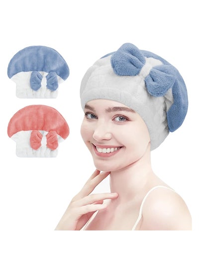 Buy Hair Drying Towels, Hair Drying Cap, 2 Pack Quick Dry Microfiber Head Wrap with Bowknot Shower Cap for Girls and Women, Ultra Soft Super Absorbent Hair Drying Towel Turban in UAE