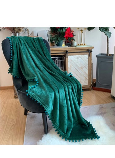 اشتري Flannel Blanket with Pompom Fringe Lightweight Cozy Bed Blanket Soft Throw Blanket fit Couch Sofa Suitable for All Season (130x150 CM) (Emerald Green) في السعودية