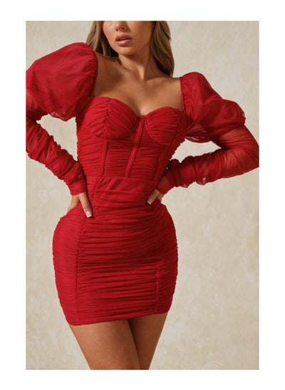 Buy Mesh Ruched Puff Sleeve Mini Dress in Saudi Arabia