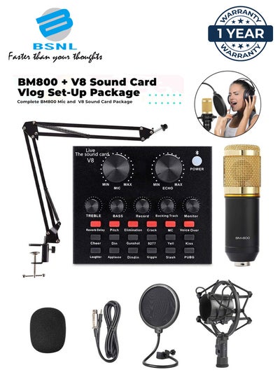 Buy BSNL Professional Condenser Microphone Bundle Mic Kit with V8 Audio Sound Card And Metal Stand For Live Streaming Recording Broadcasting in UAE