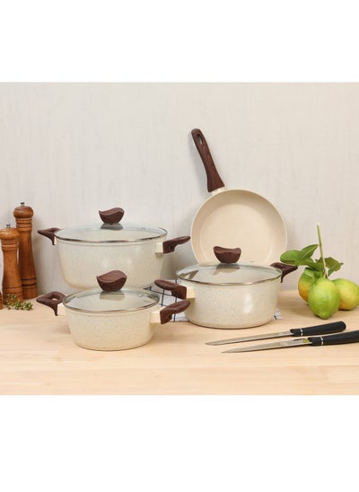 Buy 7-Piece Granite Cooking Pots Set with Glass Lids in Beige in Saudi Arabia