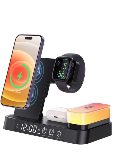 Buy Wireless Charging Station with Alarm Clock LED Night Light 4 in 1 Fast Wireless Charger for iPhone 14/13/12/11/Pro/Max/XS/XR Wireless Charging Stand Dock for Apple Watch Black in Saudi Arabia