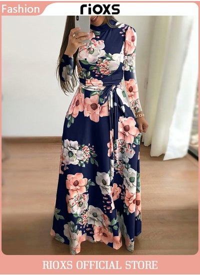 Buy Women's Elegant High Waist Printed Dress Floral Long Sleeve Flowy Maxi Dress in Saudi Arabia