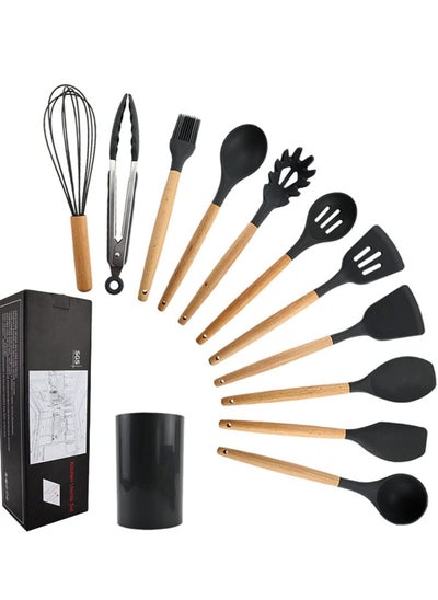 اشتري Silicone Cooking Utensils Kitchen Utensil Set 11 Pieces Natural Wooden Handles Cooking Tools Turner Tongs Spatula Spoon for Nonstick Cookware Best Kitchen Tools BPA Free Non Toxic في الامارات