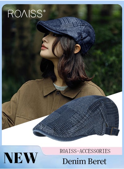 Buy Adjustable Denim Newsboy Caps for Men Women Vintage Beret Flat Cap Cotton Hat Driving Fishing Peaked Hat Dark Blue One Size in Saudi Arabia