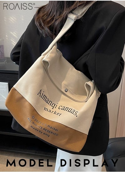 Buy Large Capacity Canvas Tote Bag Women'S Daily Commuting Contrast Color English Print Flip Flap Adjustable Shoulder Strap Shoulder Bag in UAE