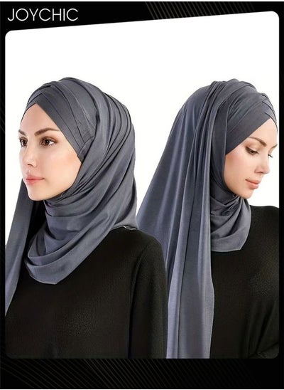 Buy New Style Three-layer Cross Hat Brim Tie Headband Solid Color Mercerized Cotton Mid-length Scarf Shawl Hijab for Women Dark Grey in UAE