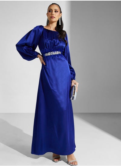 Buy Embellished Belt Puff Sleeve Dress in Saudi Arabia