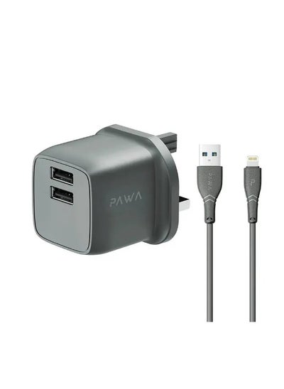 Buy PocketMini Dual USB Travel Charger UK Standard USB-A to Lightning Cable  / Fast Charging / ABS Material / Mini Size / Low Temperature Protection / Short Circuit Protection - Grey in UAE