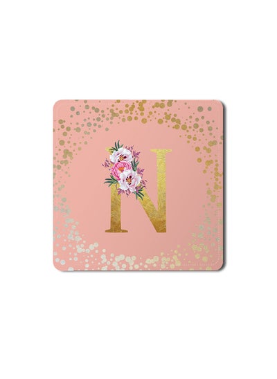 Buy Designer Leather Coasters Mat for Beverage Drinks- Custom Monogram Initial Letter Floral Pattern Alphabet - N (Rose Pink) in UAE