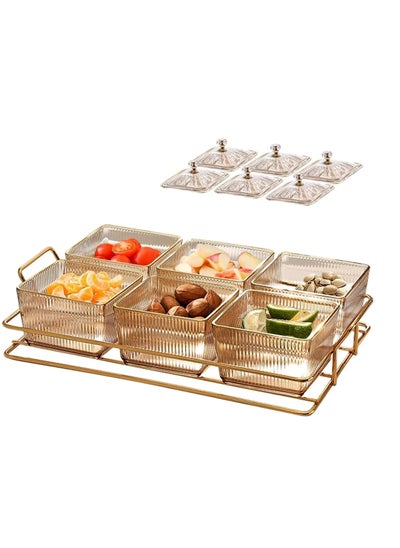 Buy Snack Serving Tray with Lid 6 Clear Candy and Nut Serving Container set with Metal Rack, Plastic Appetizer Platter Relish Storage Organizer Plate Food Display Bowls for Vegetables Candy Fruit Dips in Saudi Arabia