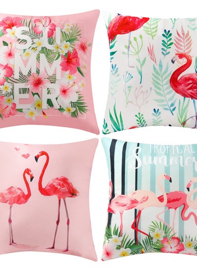 اشتري 4 Pcs Flamingo Throw Pillow Covers, 18 X 18 Inch Decorative Pink Bird Pillowcases Tropical Leaves Cushion Covers for Sofa Couch Summer Holiday Home Decor (Sets A) في السعودية