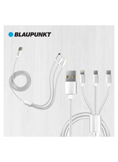 Buy 3-In-1 Multi Charging Braided Cable for Type-C , Lightning and micro-USB Devices, 1.2m, Grey in UAE