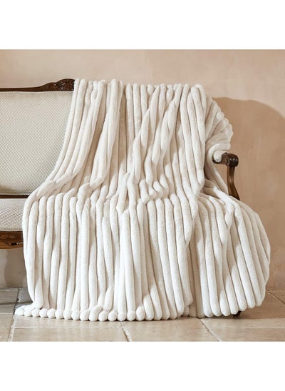 اشتري Luxury Jacquard Striped Faux Fur Throw Blankets, 630GSM Soft and Warm Thick Cozy Throws, Milky Fluffy Plush Blanket for Sofa Couch Bed Living Room in Fall Winter, Ivory, 50"x 60" في السعودية