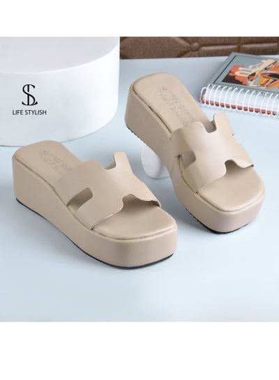 Buy S-10 Comfortable Heel Leather Slipper For Women - Beige in Egypt
