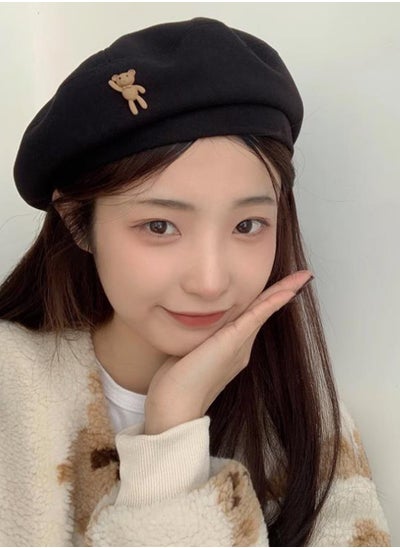 Buy French Style Lovely Bear  Design Autumn Winter Windproof Beret Cap Outdoor Warm Hat for Women Girls Black One Size in UAE