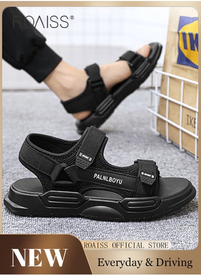 Buy Velcro Open Toe Beach Sandals for Men Letter Pattern Cool Breathable Non-slip Outdoor Slippers Comfortable Wear-Resistant Shockproof Driving Flat Shoes with Elastic Soft Sole in Saudi Arabia