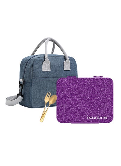 اشتري 6 And 4 Convertible Compartment Bento Lunch Box With Lunch Bag And Spoon Fork Set - Glitter Purple في الامارات