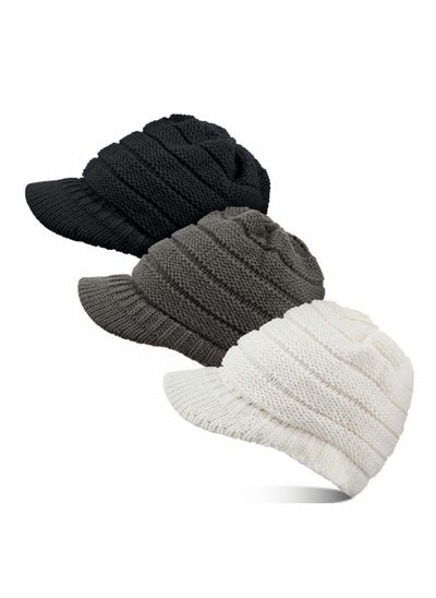 Buy Men/Women warm soft knitted ponytail brimless beanie, 3 pcs for winter outdoor snow in UAE