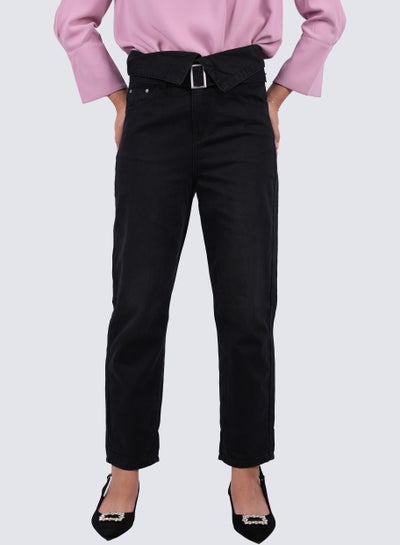اشتري بنطال جينز دينم رسمي بحزام للنساء باللون الأسود في الامارات