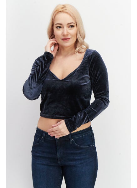 Buy Women V-Neck Long Sleeve Plain Crop Top, Navy in UAE