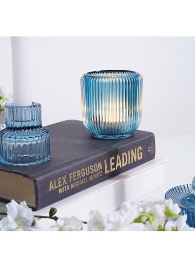 اشتري Arthur Glass Tealight Ribbed Candle Holder Dia8.5x8.5cm- Blue في الامارات