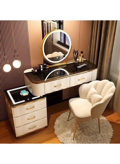 Buy Dressing Makeup Table with Mirror and Chair, Solid Wood Modern Smart Dressing Vanity Table, Storage Drawers, Lighted Mirror Make up Desk for Bedroom Furniture Women's Dresser Gift. in UAE