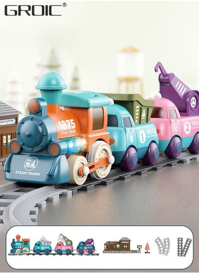 اشتري 17 PCS Electric Train Toys with Light and Music, Cartoon Engineering Rail Car Locomotive Train Magnetic Connection Engineering Swing, Motorized Train Accessories with Sound Track Toy Car في السعودية