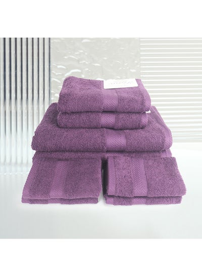 اشتري 8 Pcs MATRIX Dyed Towel set 500 GSM 100% Cotton Terry Zic Zac Border 2 Bath Towel (70x140) cm, 2 Hand Towel (50x90) cm, & 4 Face Towel (33x33) cm Soft Feel Highly Absorbent Dark Purple Color في الامارات