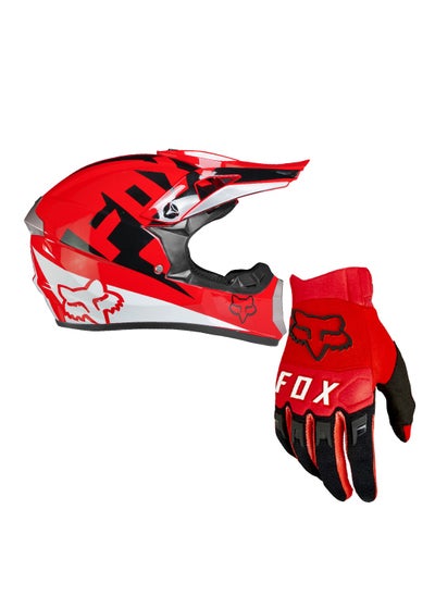 Buy Fox Unique Design Motocross Full Face Rider Helmet with Full Finger Protective Gloves Combo Pack XL Size in UAE